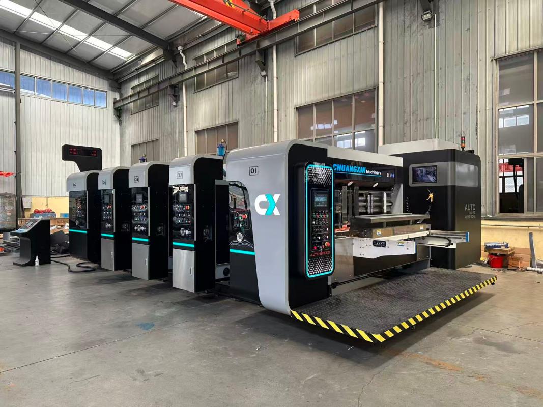 Vacuum Feeding 3-Color Flexo Printing, Slotting & Die Cutting + Folder Gluing + Stitching + Packing Linked Line